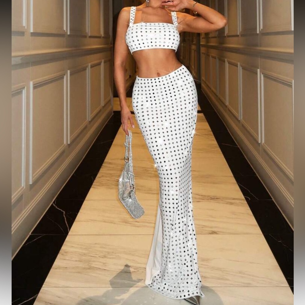 SHEIN White Studded Crop Top & Mermaid Maxi Skirt Set
